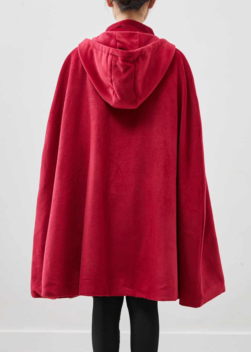 Women Red Hooded Chinese Button Warm Fleece Coats Cloak Sleeves