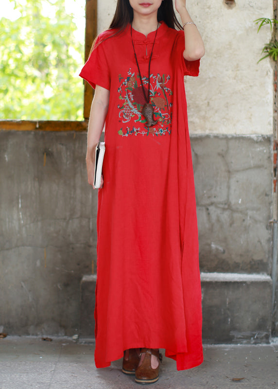 Women Red Mandarin Collar side open Embroideried Long Dress Short Sleeve