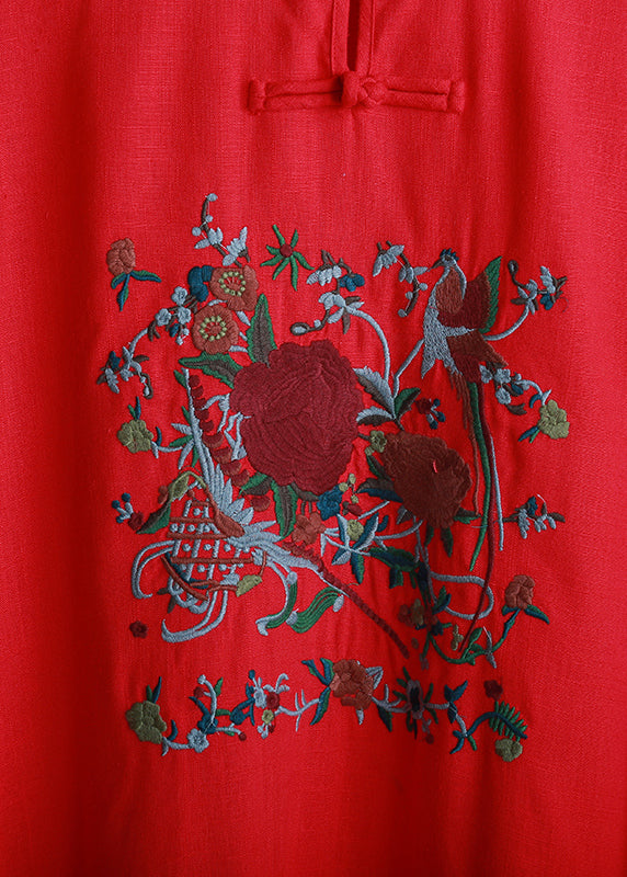 Women Red Mandarin Collar side open Embroideried Long Dress Short Sleeve