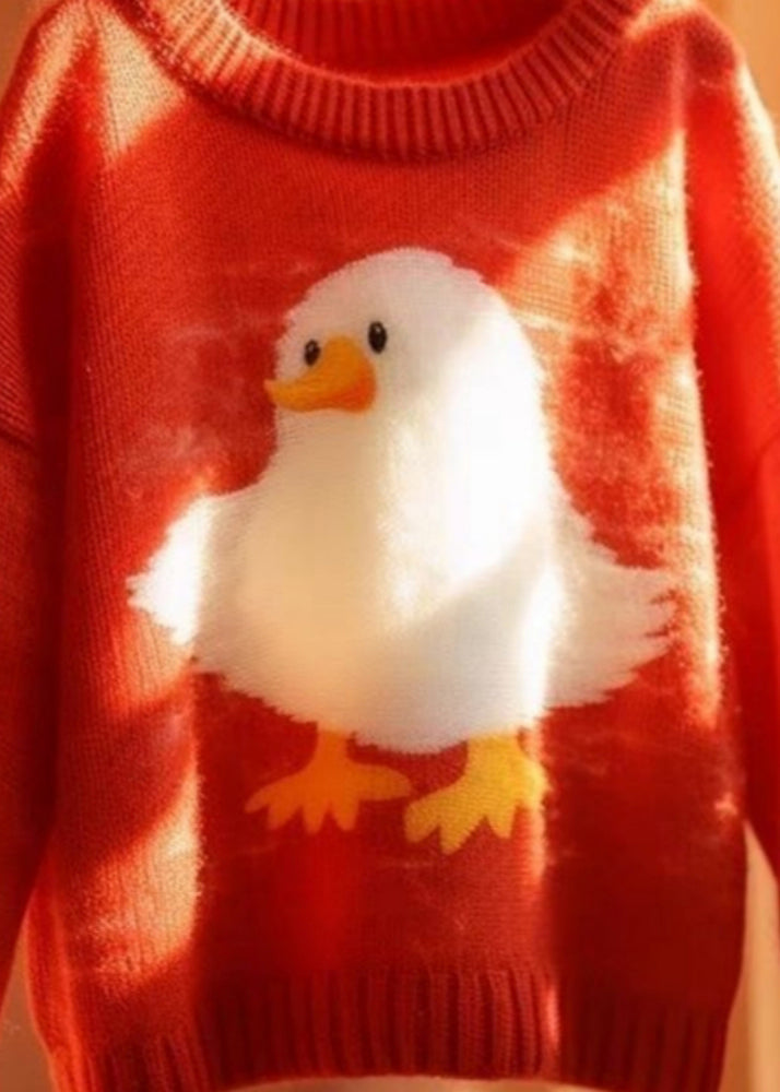 Women Red O Neck Little Duck Cotton Knit  Sweaters Long Sleeve