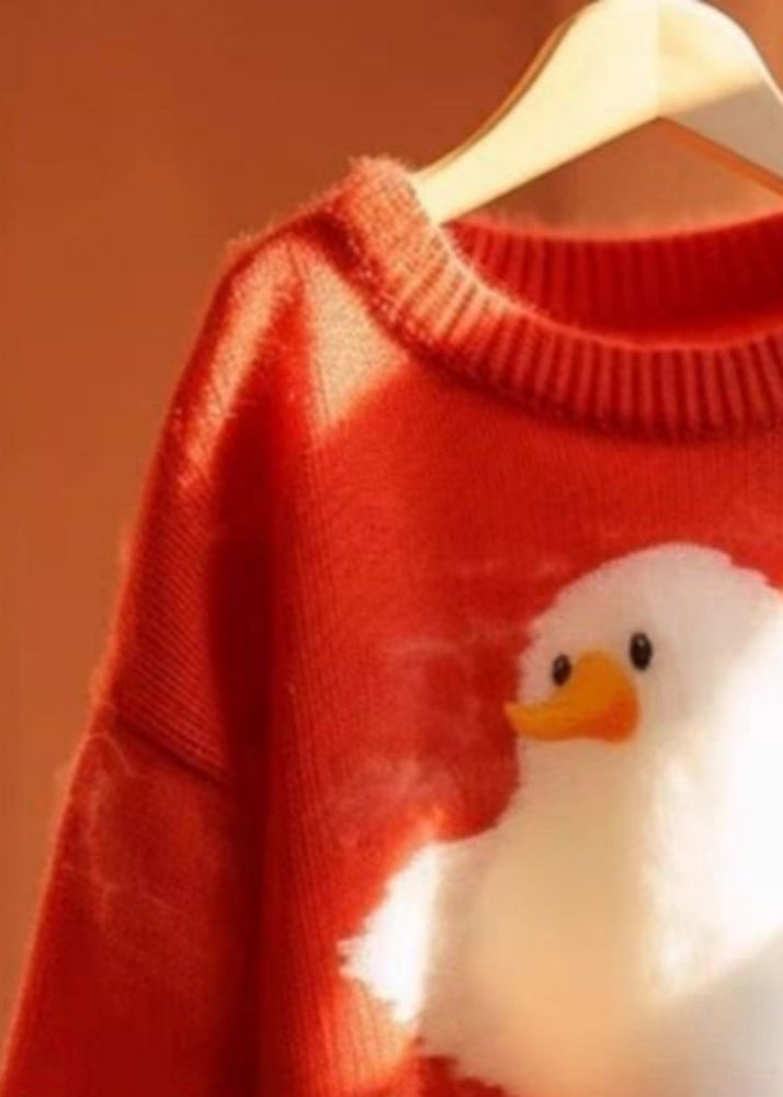 Women Red O Neck Little Duck Cotton Knit  Sweaters Long Sleeve