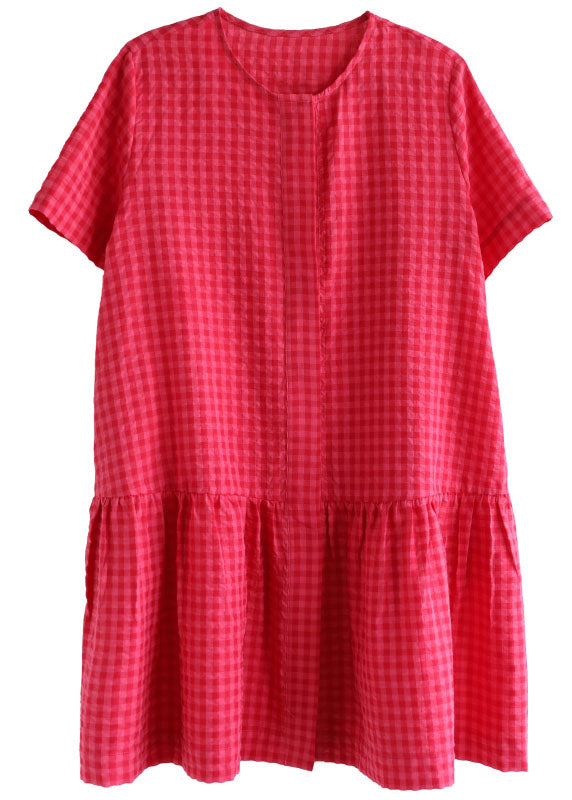 Women Red O-Neck Plaid Patchwork Cotton Mid Dresses Short Sleeve