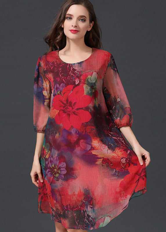 Women Red O Neck Print Patchwork Chiffon Mid Dress Summer