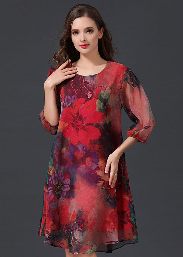 Women Red O Neck Print Patchwork Chiffon Mid Dress Summer – Omychic