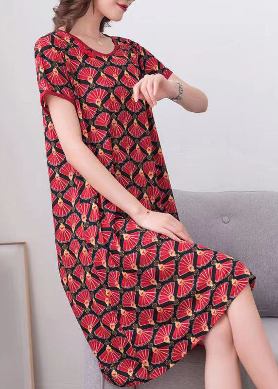 Women Red O Neck Print Patchwork Cotton Dress Summer