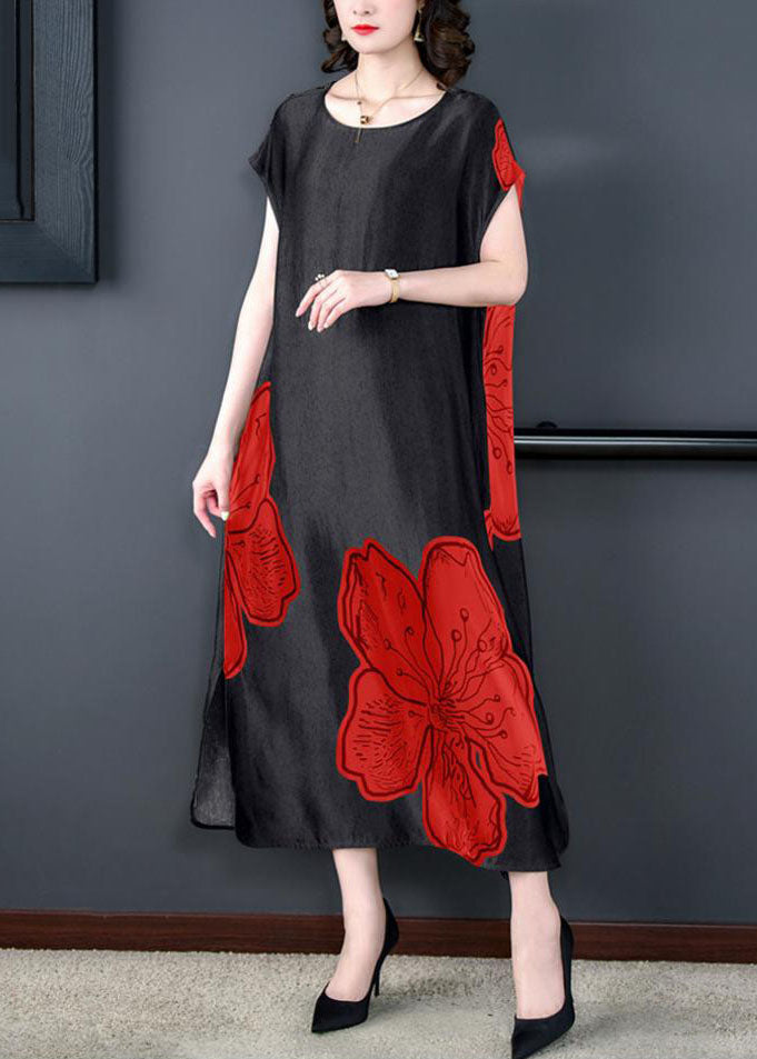 Women Red O Neck Print Side Open Patchwork Silk Long Dresses Summer