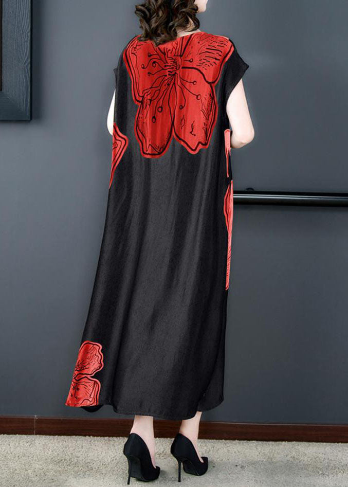 Women Red O Neck Print Side Open Patchwork Silk Long Dresses Summer