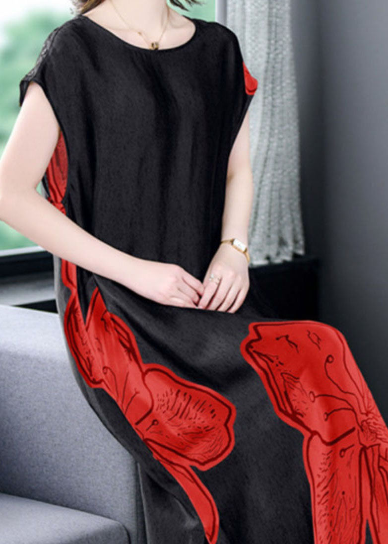 Women Red O Neck Print Side Open Patchwork Silk Long Dresses Summer