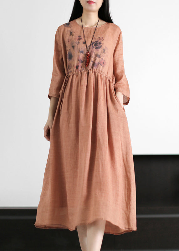 Women Red O-Neck drawstring Print Linen Dresses Long sleeve - Omychic