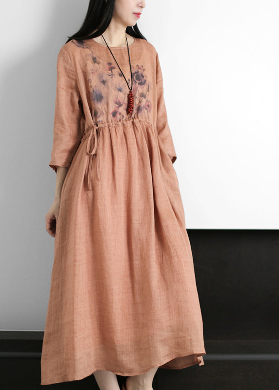 Women Red O-Neck drawstring Print Linen Dresses Long sleeve - Omychic