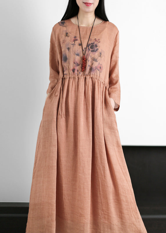 Women Red O-Neck drawstring Print Linen Dresses Long sleeve - Omychic