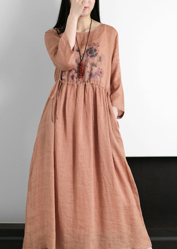 Women Red O-Neck drawstring Print Linen Dresses Long sleeve - Omychic