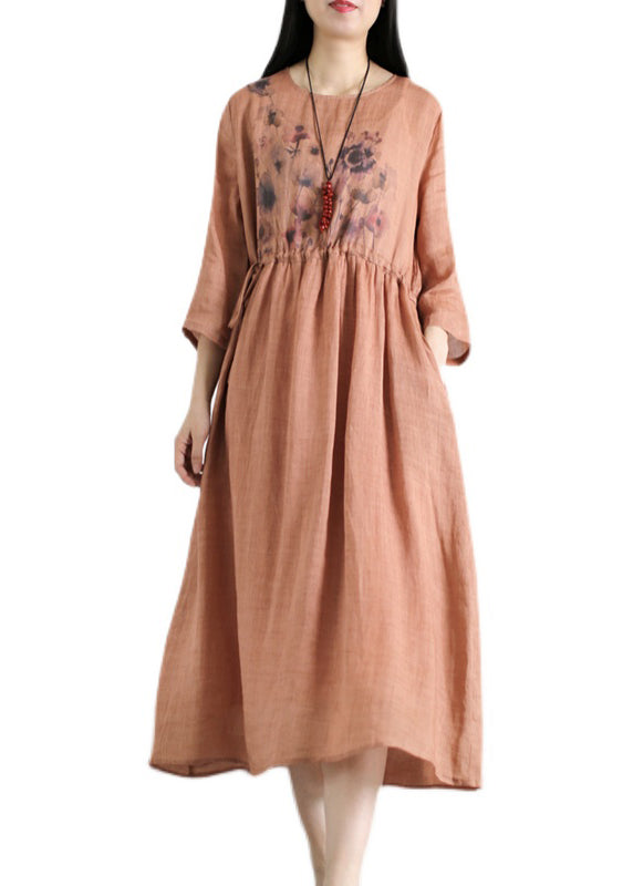 Women Red O-Neck drawstring Print Linen Dresses Long sleeve - Omychic