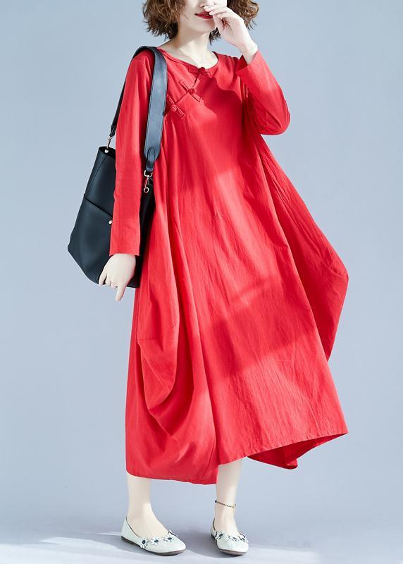 Women Red Outfit O Neck Asymmetric Robes Spring Dress - Omychic