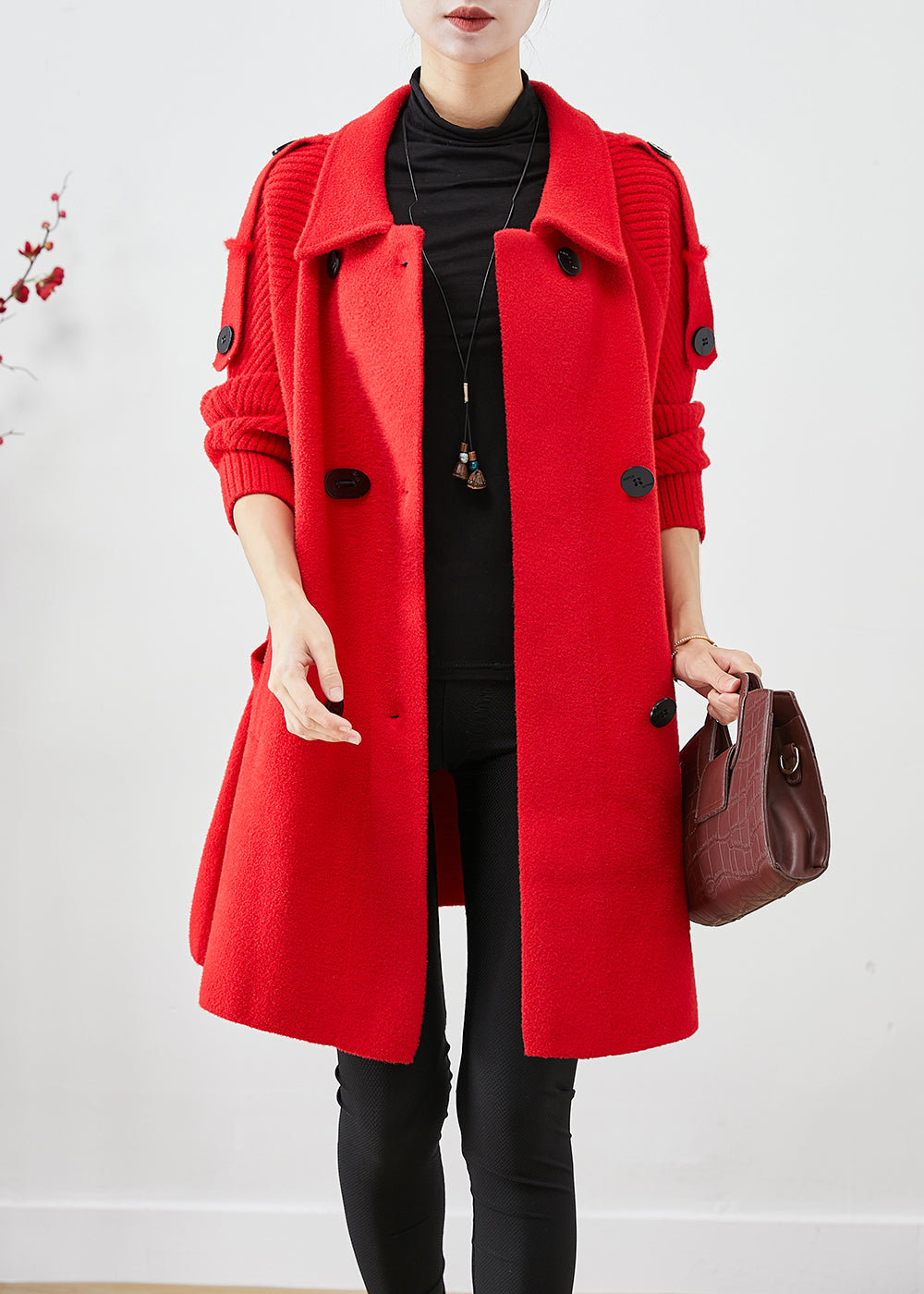 Women Red Oversized Knit Patchwork Woolen Coat Fall