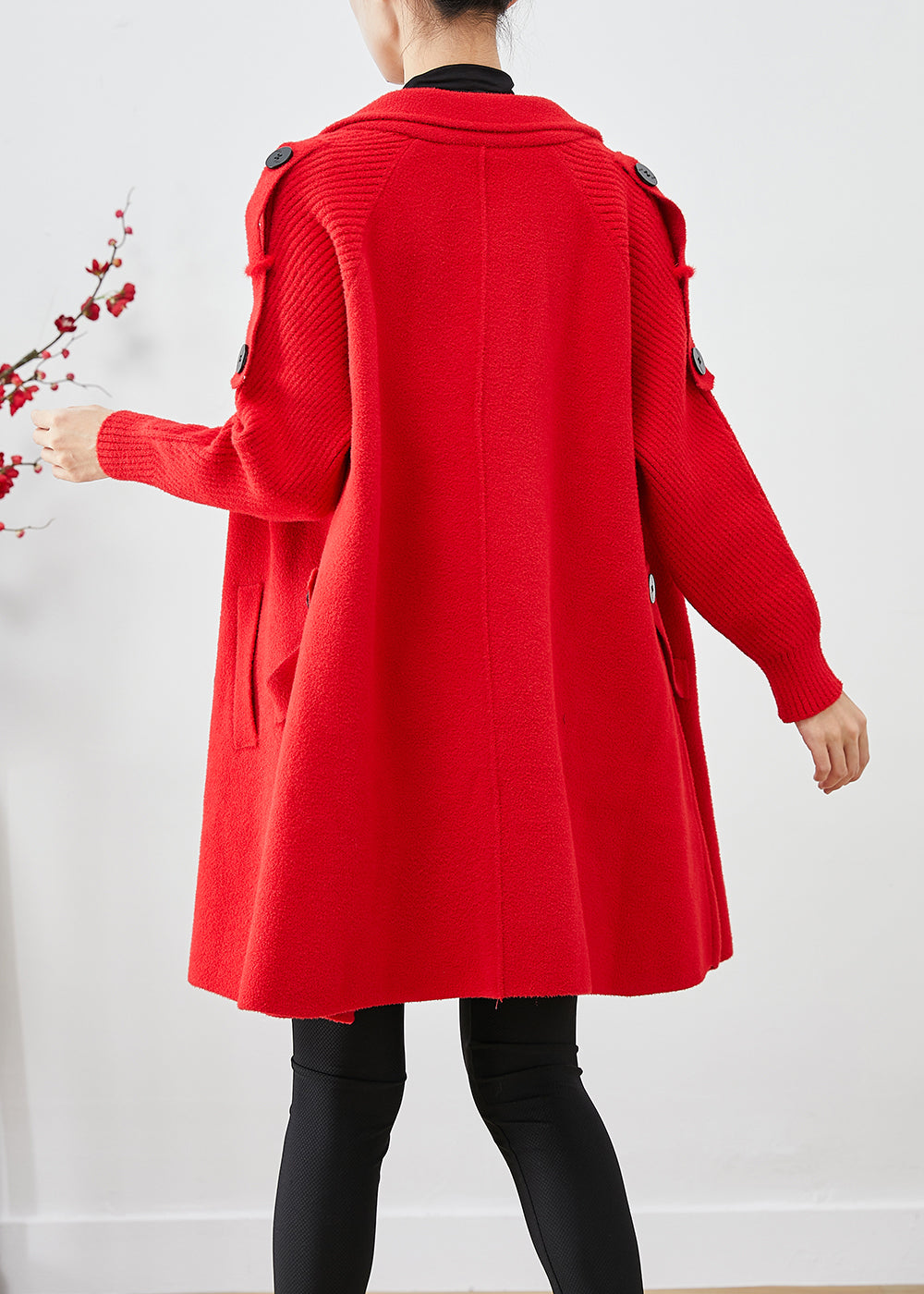 Women Red Oversized Knit Patchwork Woolen Coat Fall