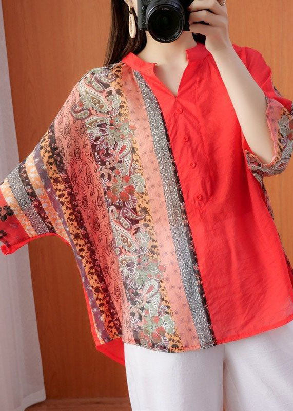Women Red Oversized Print Cotton Blouse Tops Half Sleeve