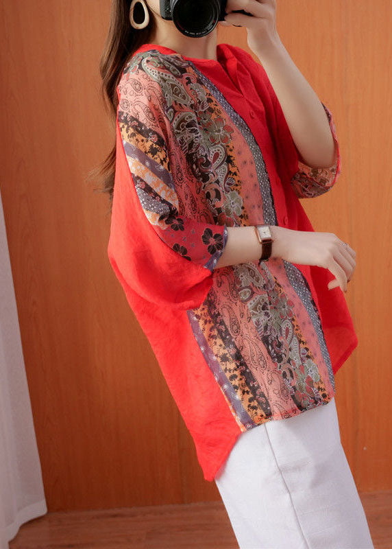 Women Red Oversized Print Cotton Blouse Tops Half Sleeve