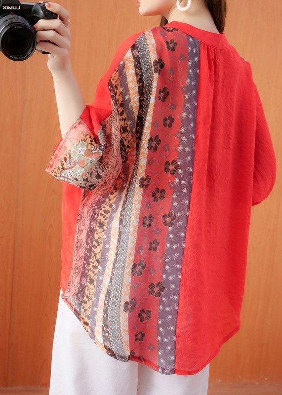Women Red Oversized Print Cotton Blouse Tops Half Sleeve