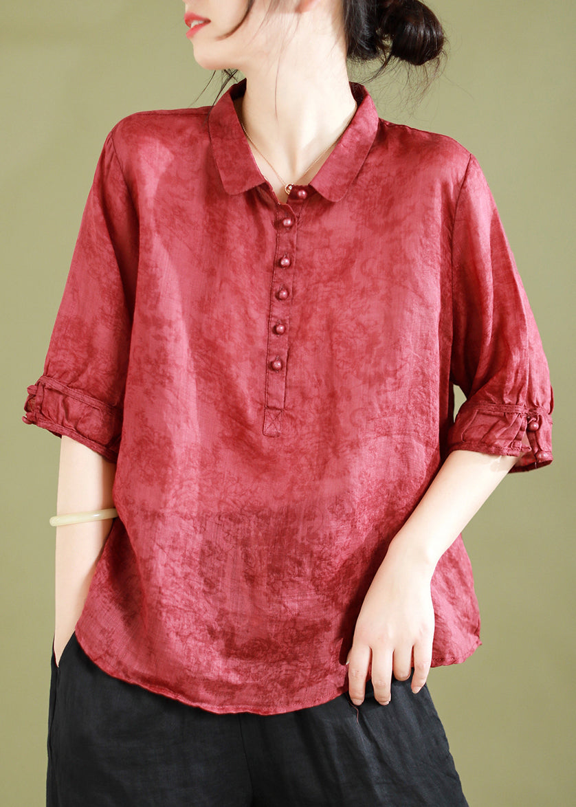 Women Red Peter Pan Collar Patchwork Button Linen Shirts Half Sleeve