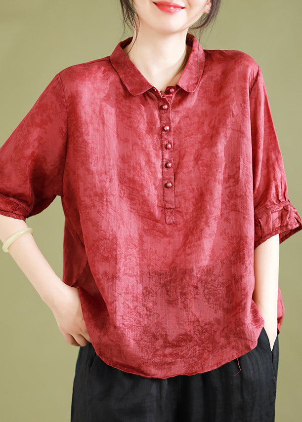 Women Red Peter Pan Collar Patchwork Button Linen Shirts Half Sleeve