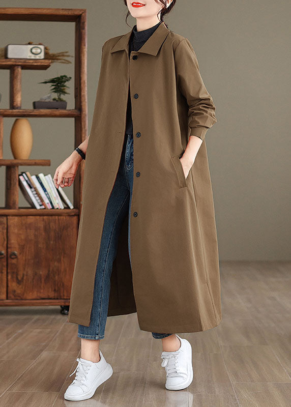 Women Red Peter Pan Collar Pockets Long Trench Coat Long Sleeve