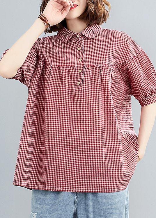Women Red Plaid Peter Pan Collar Cotton Linen Summer Blouses - Omychic