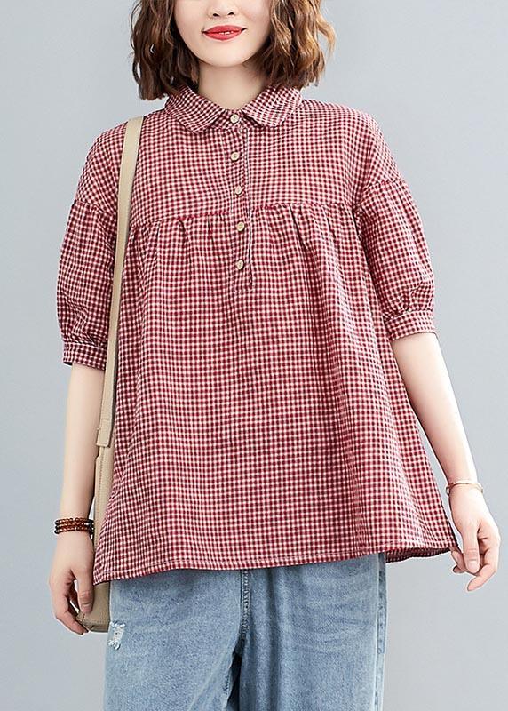 Women Red Plaid Peter Pan Collar Cotton Linen Summer Blouses - Omychic