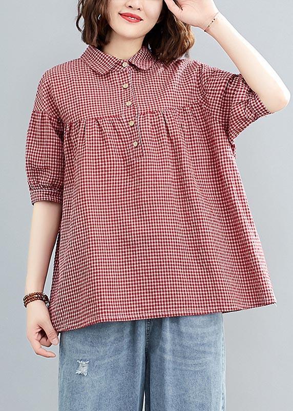 Women Red Plaid Peter Pan Collar Cotton Linen Summer Blouses - Omychic