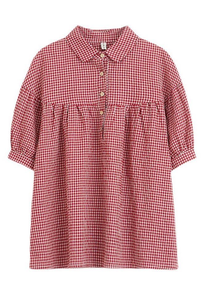 Women Red Plaid Peter Pan Collar Cotton Linen Summer Blouses - Omychic