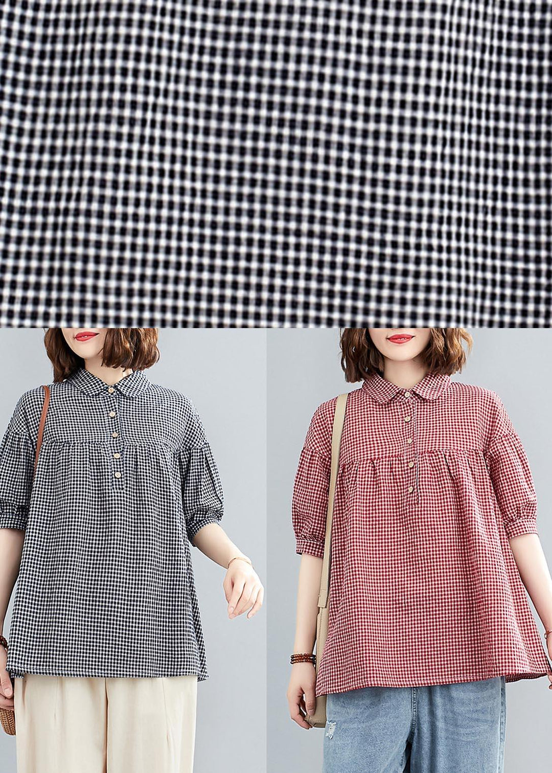 Women Red Plaid Peter Pan Collar Cotton Linen Summer Blouses - Omychic