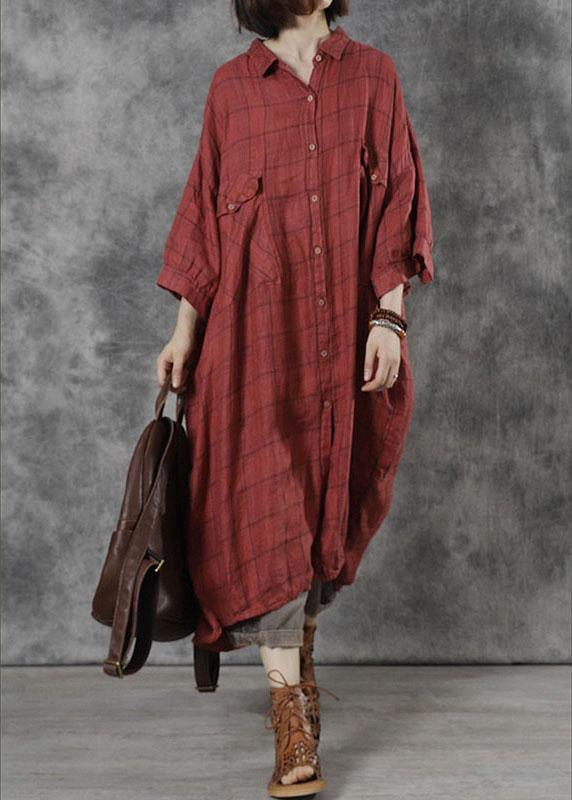 Women Red Plaid Pockets Patchwork Fall Three Quarter Sleeve Dresses - Omychic