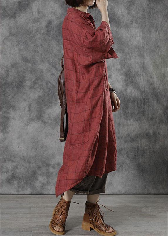 Women Red Plaid Pockets Patchwork Fall Three Quarter Sleeve Dresses - Omychic