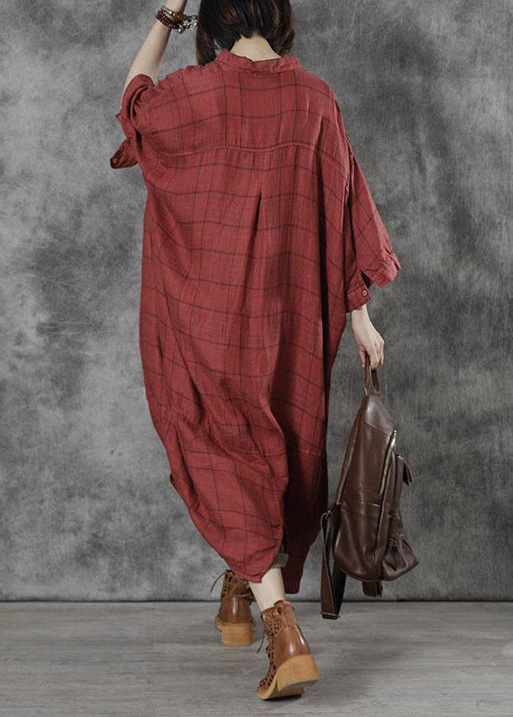 Women Red Plaid Pockets Patchwork Fall Three Quarter Sleeve Dresses - Omychic