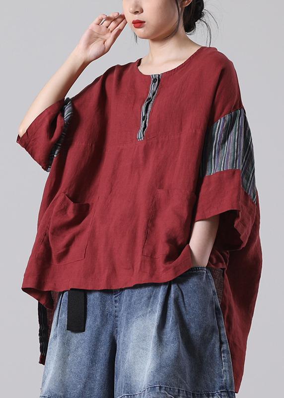 Women Red Pockets Cotton Linen Shirt Summer - Omychic