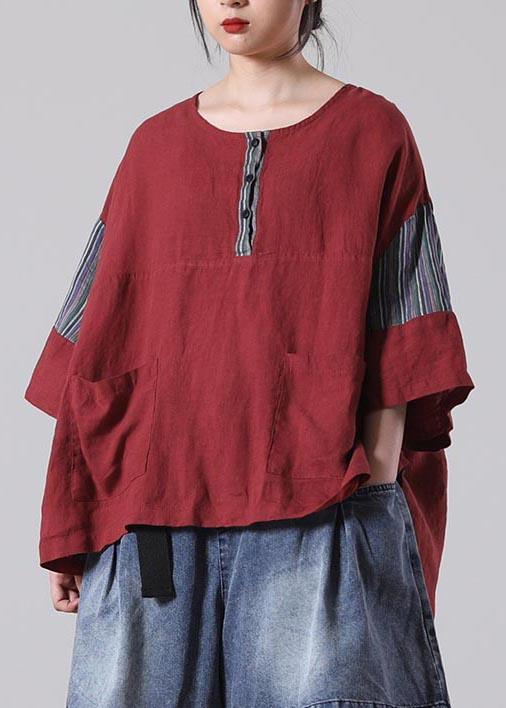 Women Red Pockets Cotton Linen Shirt Summer - Omychic