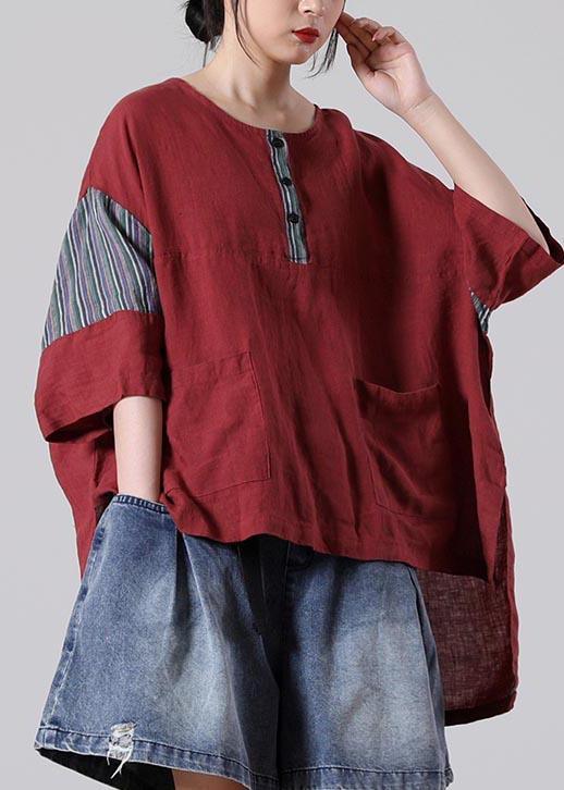 Women Red Pockets Cotton Linen Shirt Summer - Omychic