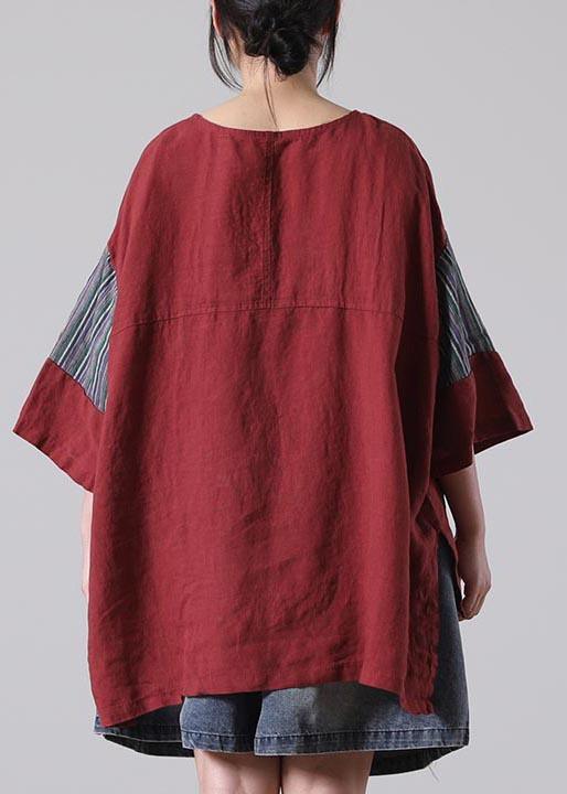 Women Red Pockets Cotton Linen Shirt Summer - Omychic