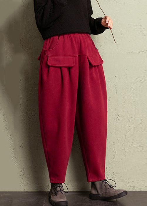 Women Red Pockets High Waist Cotton Pants Spring