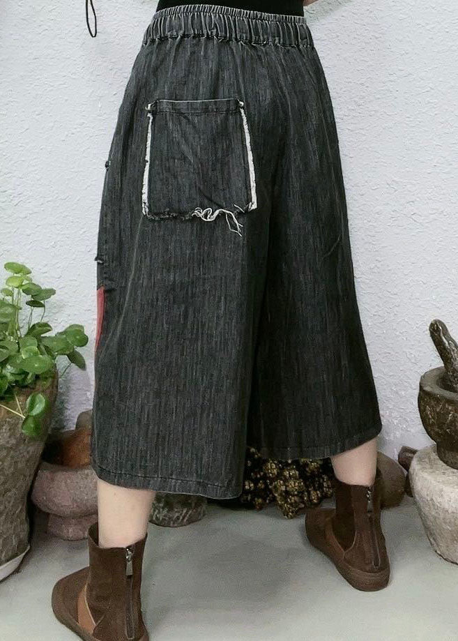 Women Red Pockets Patchwork Denim Wide Leg Pants Summer