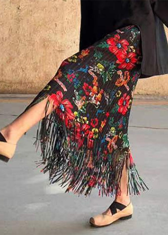 Women Red Print High Waist Tassel Silk A Line Skirts Summer