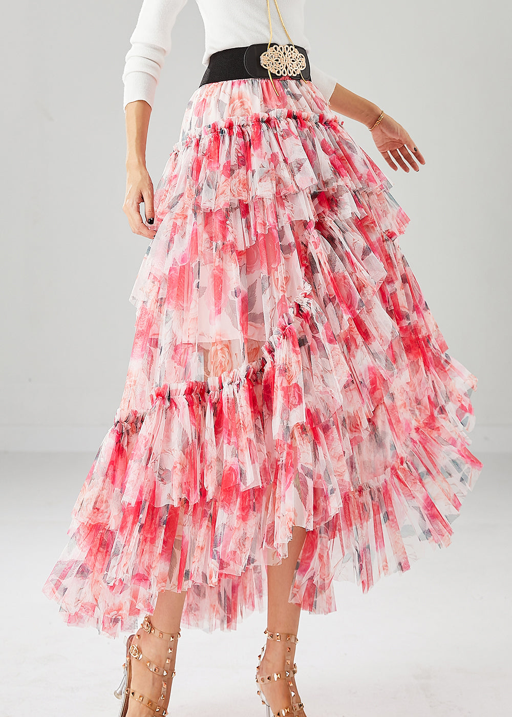 Women Red Print Low High Design Tulle Skirt Fall