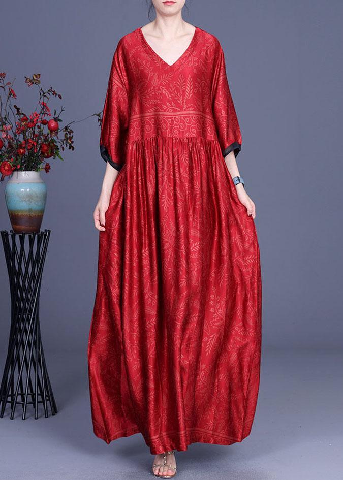 Women Red Print Silk Half Sleeve Summer Dresses - Omychic