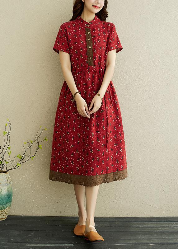 Women Red Print stand collar Robe Summer Cotton Dress - Omychic