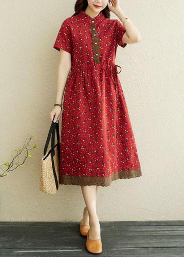 Women Red Print stand collar Robe Summer Cotton Dress - Omychic