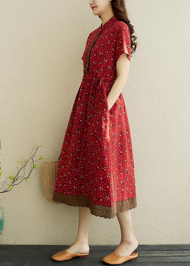 Women Red Print stand collar Robe Summer Cotton Dress - Omychic