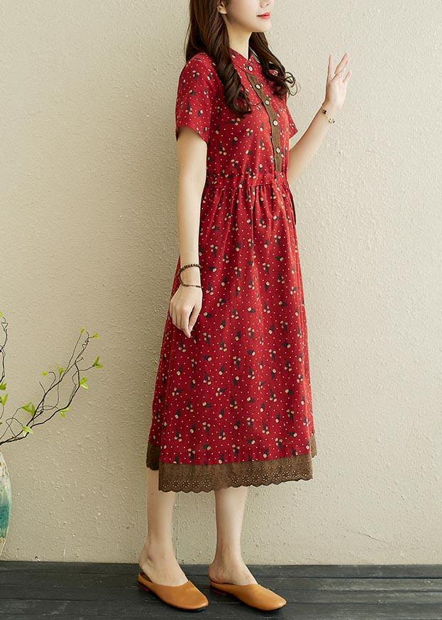 Women Red Print stand collar Robe Summer Cotton Dress - Omychic