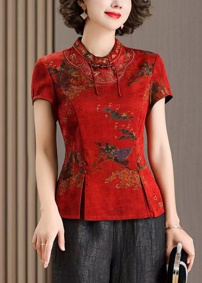 Women Red Stand Collar Print Side Cpen Silk T Shirt Summer