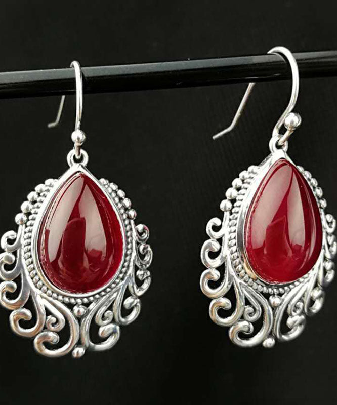 Women Red Sterling Silver Hollow Out Jade Water Drop Drop Earrings