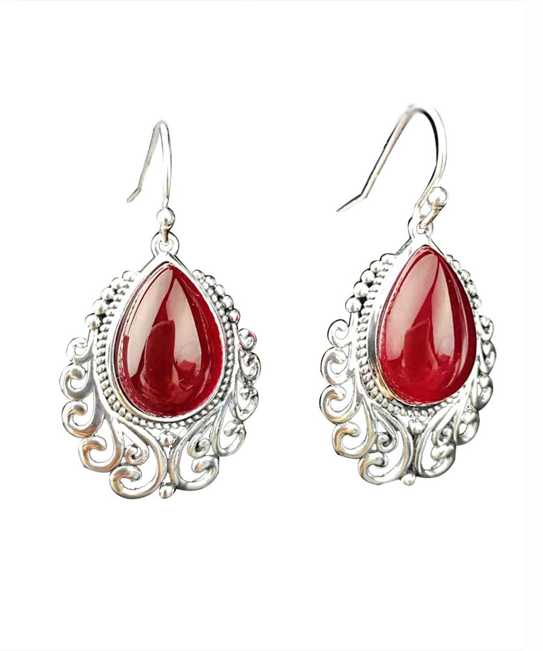 Women Red Sterling Silver Hollow Out Jade Water Drop Drop Earrings